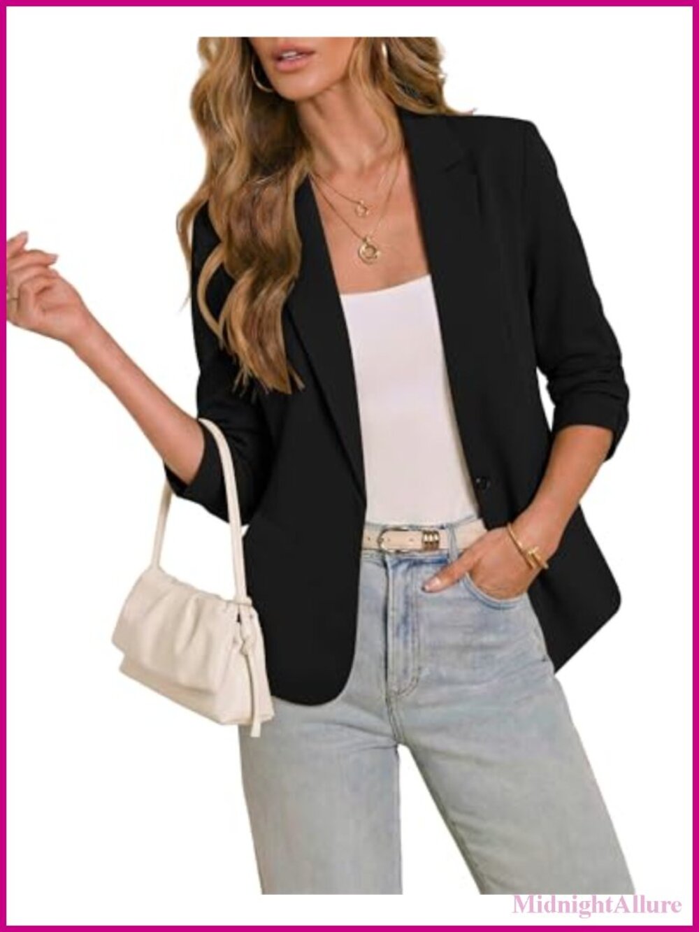 Women's 3/4 Sleeve Lightweight Blazer Button Up Business Casual Jacket